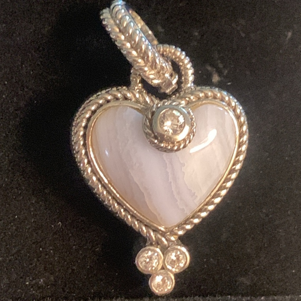 JUDITH RIPKA 925 THAILAND BLUE LACE AGATE HEART CHARM PENDANT ENHANCER ,CZ’s